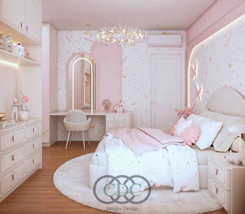 Thi công phòng ngủ bé gái đẹp, an toàn và đầy sáng tạo